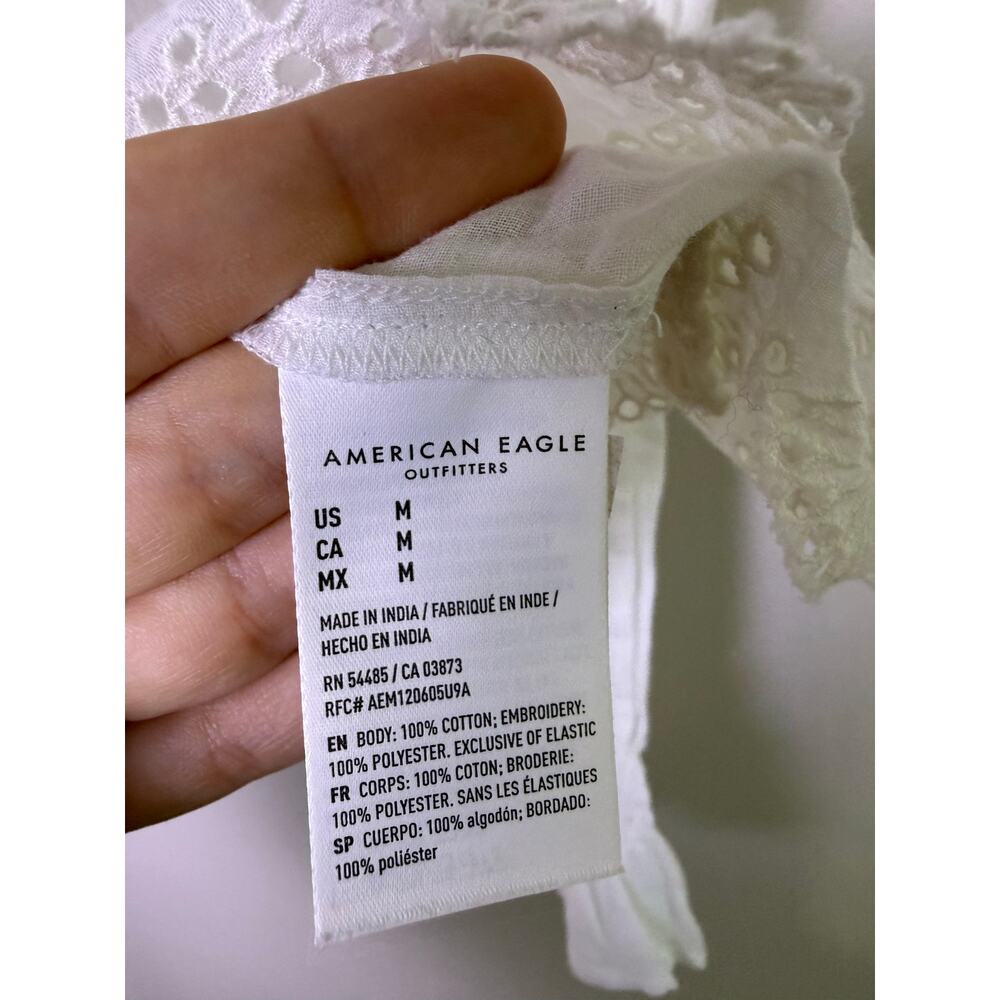 American Eagle White Smocked Eyelet Peplum Blouse Top Long Sleeve Medium - Picture 3 of 4